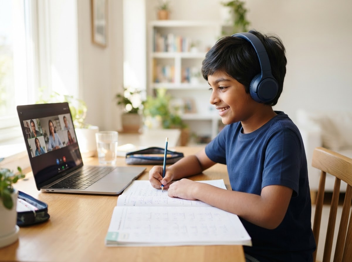 A young student wearing headphones writing in a workbook during a live online class