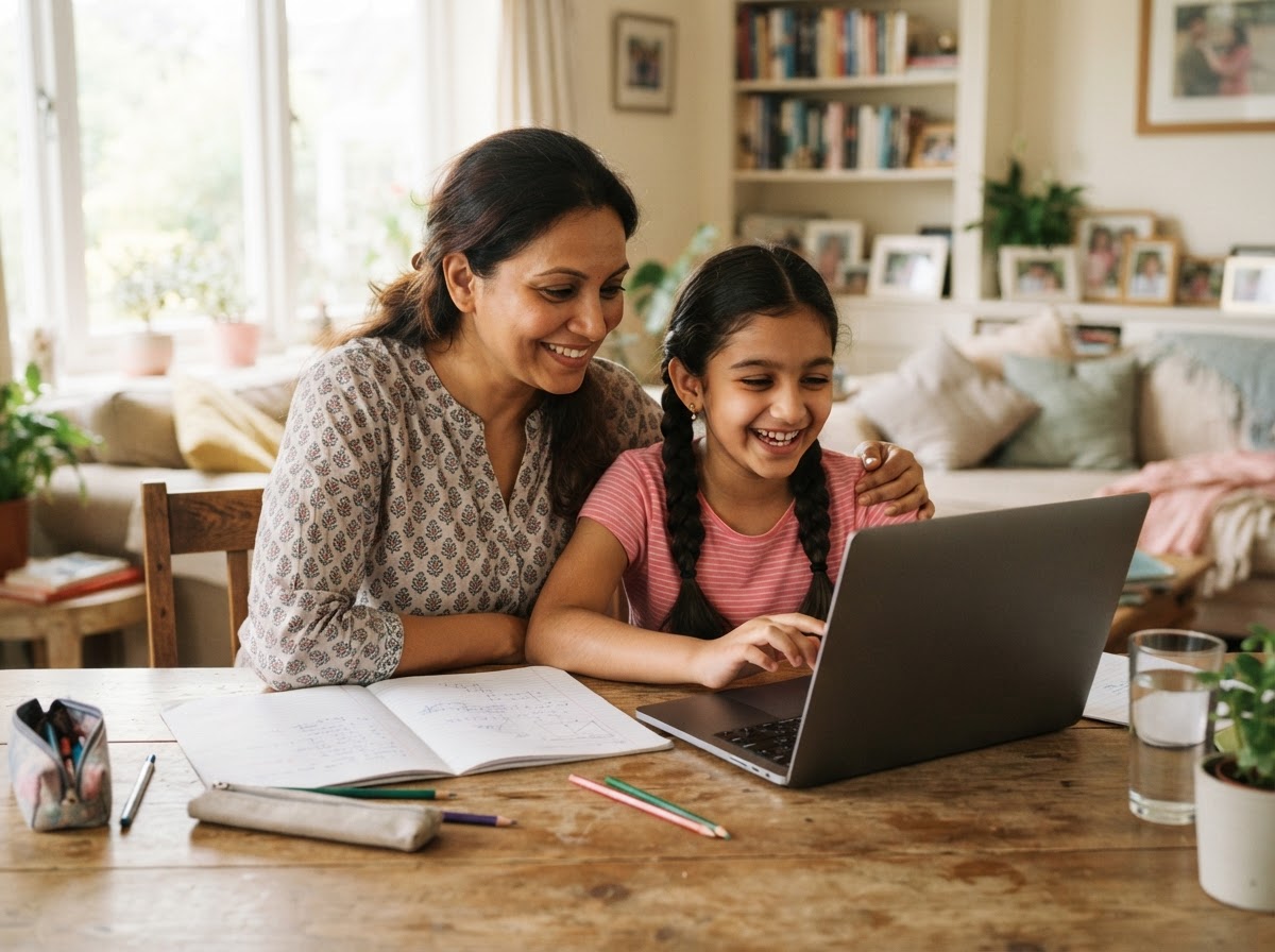 A mother and daughter reviewing schoolwork together on a laptop