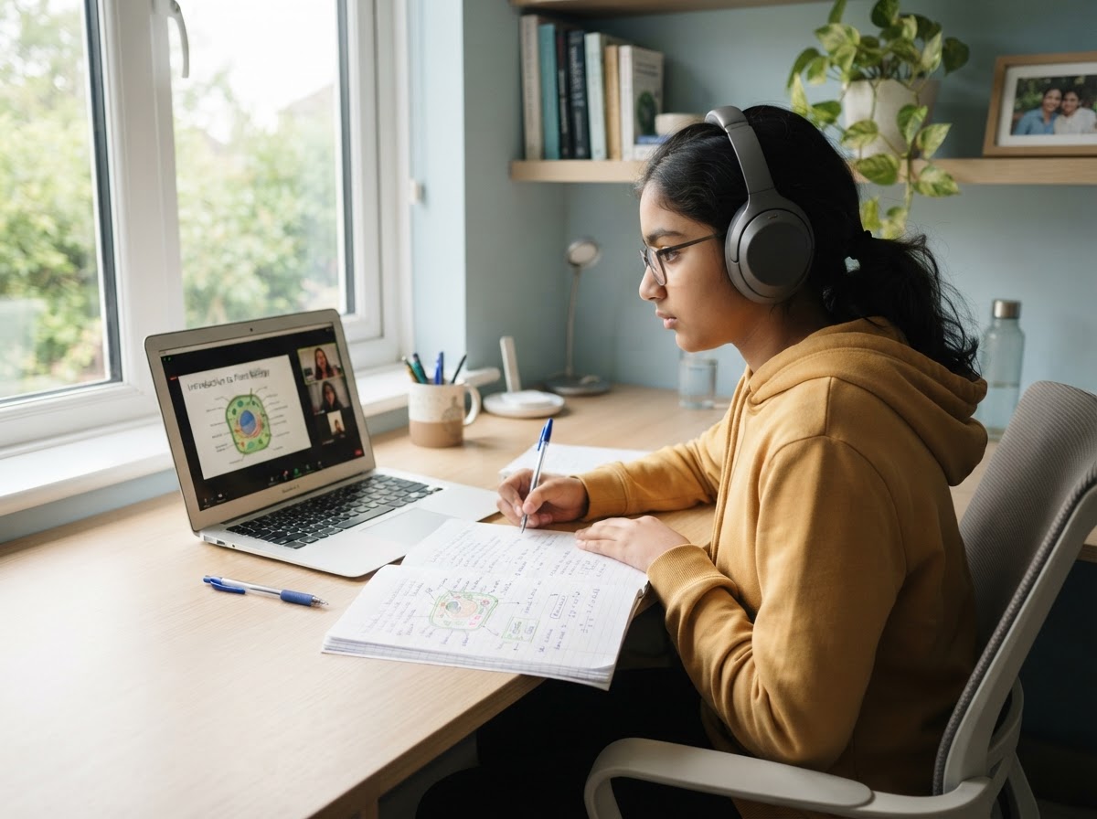 A middle-school student studying science in a live online class on a laptop